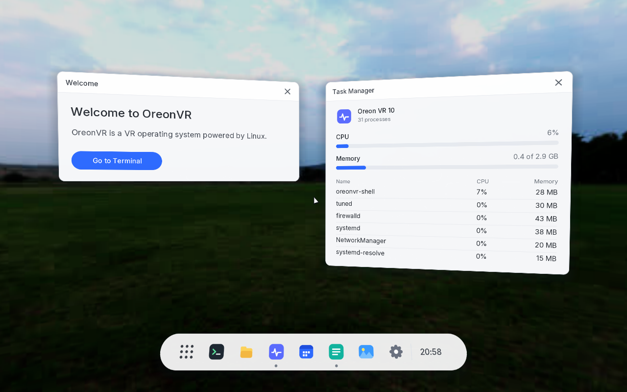 Oreon VR desktop with the Welcome and Task Manager windows floating over an outdoor environment