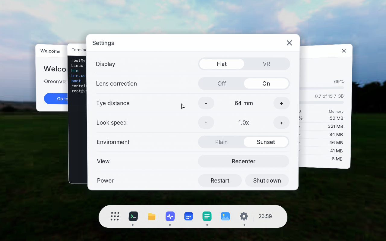 Settings, where you set display mode, lens correction, and eye distance.